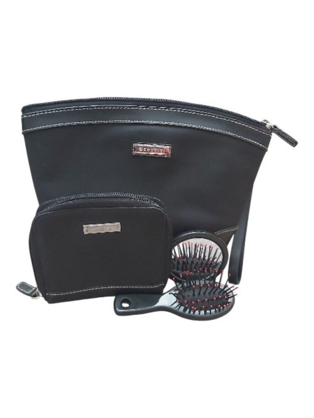 Rosetti Black Nylon Cosmetic Makeup Bag Set w/ Brush & Mirror Large Travel Pouch